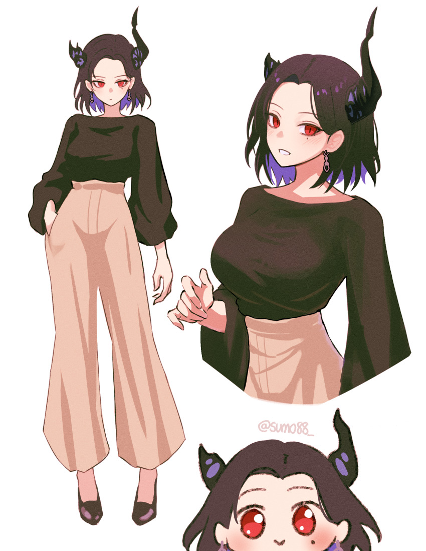 1girl :&gt; alternate_costume asymmetrical_horns black_hair black_shirt blue_hair broken_horn chibi chibi_inset colored_inner_hair commentary demon_horns earrings english_commentary full_body highres hololive hololive_english horns jewelry looking_at_viewer mole mole_under_eye multicolored_hair multiple_views nerissa_ravencroft pants puffy_sleeves red_eyes shirt short_hair signature simple_background smile solo sumosumo twitter_username uneven_horns virtual_youtuber white_background