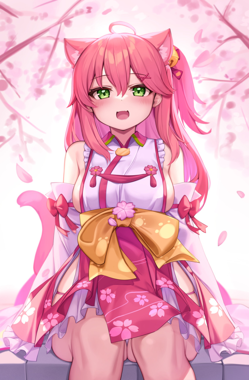 1girl animal_ears bell breasts cat_ears cat_tail cherry_blossoms detached_sleeves green_eyes hair_bell hair_between_eyes hair_ornament highres hololive japanese_clothes kemonomimi_mode kimono large_breasts long_hair looking_at_viewer open_mouth petals sakura_miko sakura_miko_(1st_costume) sideboob sitting solo tail thighs verdey virtual_youtuber white_kimono x_hair_ornament