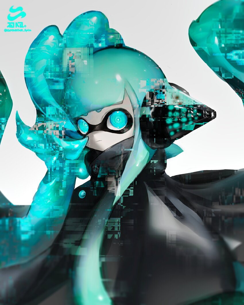 1girl absurdres agent_3_(splatoon) aramaki_spla behind-the-head_headphones black_cape blue_eyes blue_hair bright_pupils cape closed_mouth commentary expressionless glitch headphones highres inkling long_hair looking_at_viewer nintendo sanitized_(splatoon) slime_(substance) solo splatoon_(series) splatoon_2 splatoon_2:_octo_expansion tentacle_hair upper_body white_background white_pupils