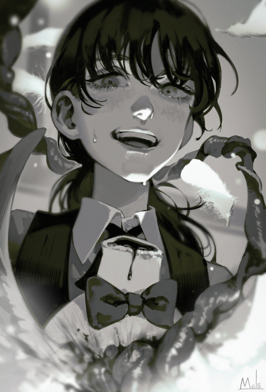 1girl absurdres animal bird blood blush bow bowtie bucky_(chainsaw_man) chainsaw_man chicken cloud collar collared_shirt dying feathers greyscale headless highres intestines kyuuba_melo looking_at_viewer mitaka_asa monochrome open_mouth ponytail shirt signature sky sweat teeth upper_body upper_teeth_only