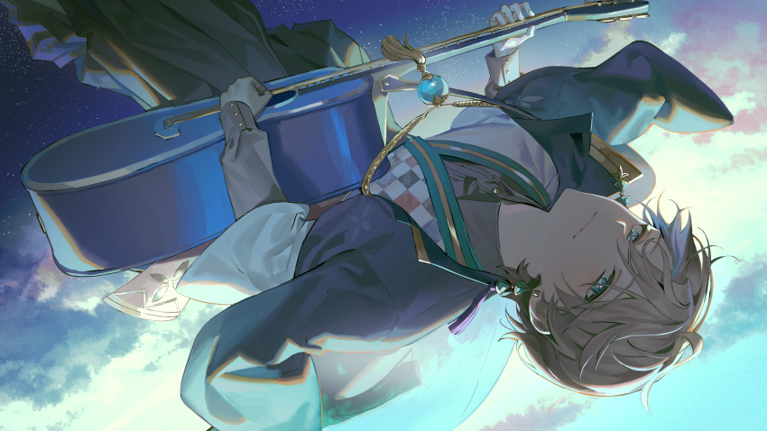 1boy absurdres ahoge black_jacket black_pants blue_eyes blue_jacket blue_sky brown_hair checkered_clothes checkered_kimono cloud collared_shirt commentary_request earrings feet_out_of_frame frown gradient_sky grey_shirt guitar hakama hakama_pants highres holding holding_guitar holding_instrument instrument jacket jacket_on_shoulders japanese_clothes jewelry kaida_haru kaida_haru_(1st_costume) kimono long_sleeves looking_at_viewer male_focus nijisanji outdoors pants shirt sky solo torino_kawazu upside-down virtual_youtuber white_kimono