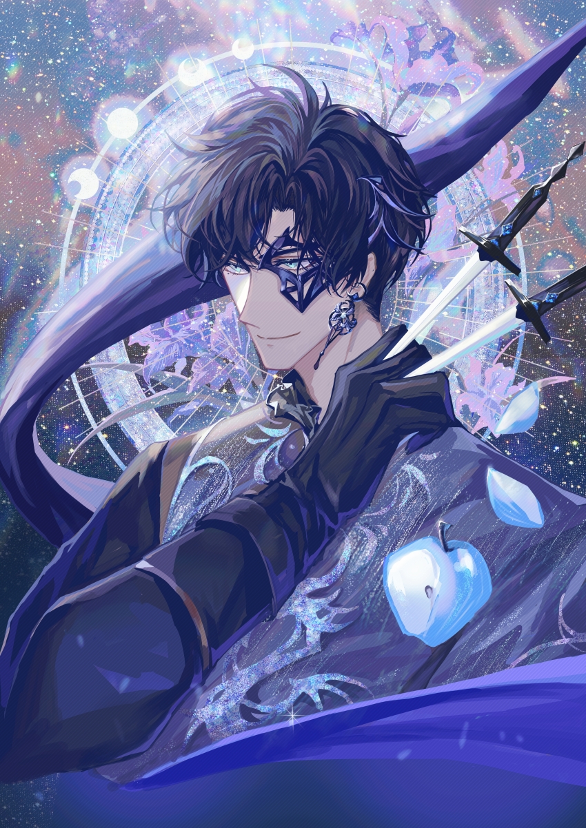 1boy absurdres apple apple_slice between_fingers black_gloves black_hair black_shirt blue_apple blue_ribbon chinese_commentary closed_mouth curtained_hair domino_mask earrings flower flower_earrings food frilled_shirt_collar frills fruit gem glint gloves grey_jacket half_mask hand_up highres holding holding_knife iris_(flower) jacket jewelry knife knives_between_fingers light_and_night_love long_sleeves looking_ahead male_focus mask moon_phases purple_flower ribbon shirt short_hair single_earring single_sleeve sky smile snow234 solo star_(sky) starry_sky throwing_knife weapon xiao_yi_(light_and_night_love)