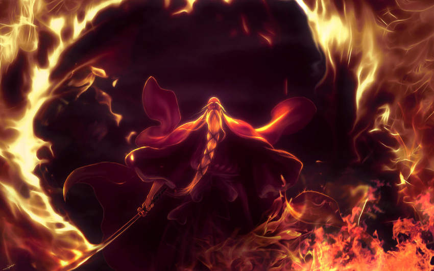 00s 1boy beard bleach cape facial_hair fire haori highres japanese_clothes long_beard male_focus old old_man pyrokinesis solo sword taichou_haori weapon wen_jr yamamoto-genryuusai_shigekuni
