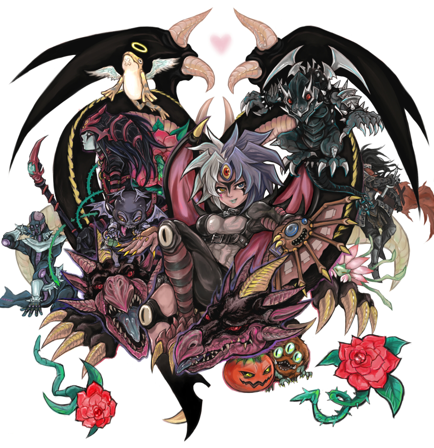 armageddon_knight armed_dragon black_wings chibi chinchira dark_armed_dragon dark_magician_of_chaos demon_girl demon_wings dragon dragon_horns dragon_wings duel_disk duel_monster facial_hair flower full_body halo heterochromia highres horns jinzo_(yu-gi-oh!) looking_at_viewer magician_of_black_chaos multicolored_hair mystic_tomato red_flower red_rose rose sangan smile spikes split-color_hair third_eye treeborn_frog wings yu-gi-oh! yu-gi-oh!_gx yubel yubel_-_terror_incarnate