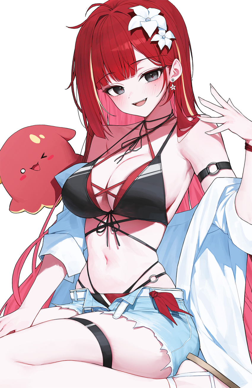 1girl ahoge akane_lize arm_strap armpit_crease bare_shoulders belt bikini black_bikini black_eyes blue_shorts breasts cleavage commentary criss-cross_halter cutoffs denim denim_shorts earrings fang flower front-tie_bikini_top front-tie_top hair_flower hair_ornament halterneck hand_up highres huhi_(huhi_1211) jacket jewelry large_breasts layered_bikini long_hair looking_at_viewer mole mole_on_cheek multi-strapped_bikini_bottom multi-strapped_bikini_top navel off_shoulder open_clothes open_fly open_jacket open_mouth pienna_(akane_lize) red_bikini red_hair short_shorts shorts simple_background skindentation slippers smile solo stellive stomach strap_gap string_bikini swimsuit thigh_strap thighs very_long_hair virtual_youtuber white_background white_jacket