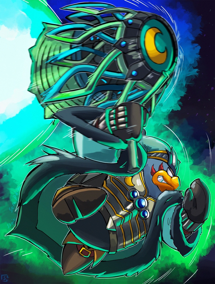 absurdres alternate_color alternate_costume alternate_eye_color alternate_weapon armor aura black_gloves blue_gemstone buckle coat corruption crescent crossover dark_persona double_helix engine evil_smile facial_tattoo fierce_deity fire flying fur_coat gem gloves glowing hal_laboratory hammer hat highres holding holding_hammer holding_weapon jet_engine king_dedede kirby&#039;s_dream_land kirby_(series) looking_to_the_side nintendo no_pupils possessed possession shoes smile stoic_seraphim super_smash_bros. swinging tattoo the_legend_of_zelda the_legend_of_zelda:_majora&#039;s_mask thrusters triangle weapon white_eyes wrist_guards