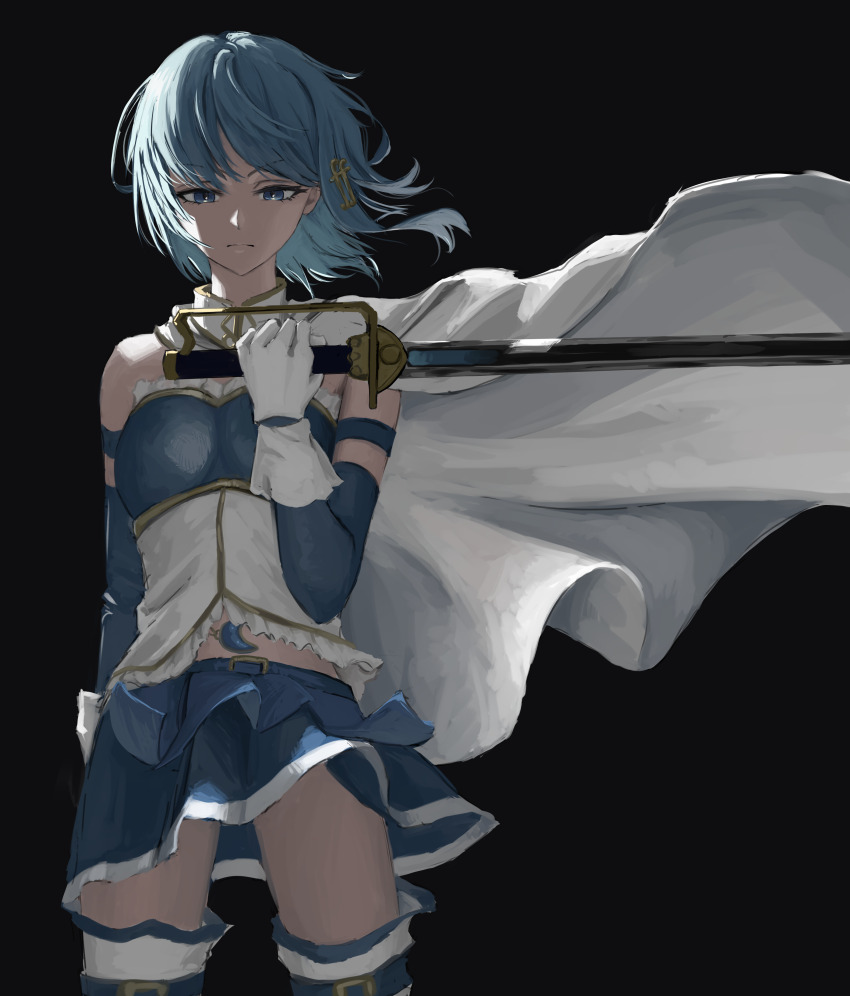 1girl absurdres belt black_background blue_eyes blue_hair blue_skirt cape commentary detached_sleeves fortissimo gloves hair_ornament highres holding holding_sword holding_weapon magical_girl mahou_shoujo_madoka_magica mahou_shoujo_madoka_magica_(anime) miki_sayaka miki_sayaka_(magical_girl) miniskirt musical_note musical_note_hair_ornament ryo_(r9030397) short_hair simple_background skirt solo soul_gem sword thigh_belt thigh_strap thighhighs weapon white_cape white_gloves