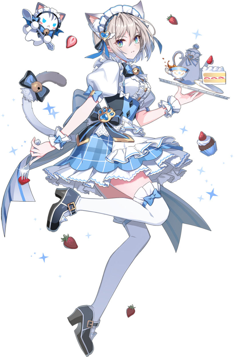 1girl animal_ears animal_hands apron argyle_clothes back_ribbon bell black_corset black_footwear blue_eyes blue_hair blue_skirt bow bowtie breasts buttons cake cat cat_ears cat_girl cat_paws cat_tail center_frills corset cup diamond_(shape) food fork frilled_thighhighs frills fruit grand_chase hair_ribbon highres holding holding_fork holding_tray layered_skirt maid maid_headdress medium_breasts medium_hair neck_bell official_alternate_costume official_art plaid_clothes puffy_sleeves ribbon shirt shoes skirt slit_pupils strawberry tachi-e tail tail_ornament tail_ribbon teacup teapot thighhighs thighs tiamat_(grand_chase) transparent_background tray tsurime white_apron white_shirt white_thighhighs wrist_cuffs