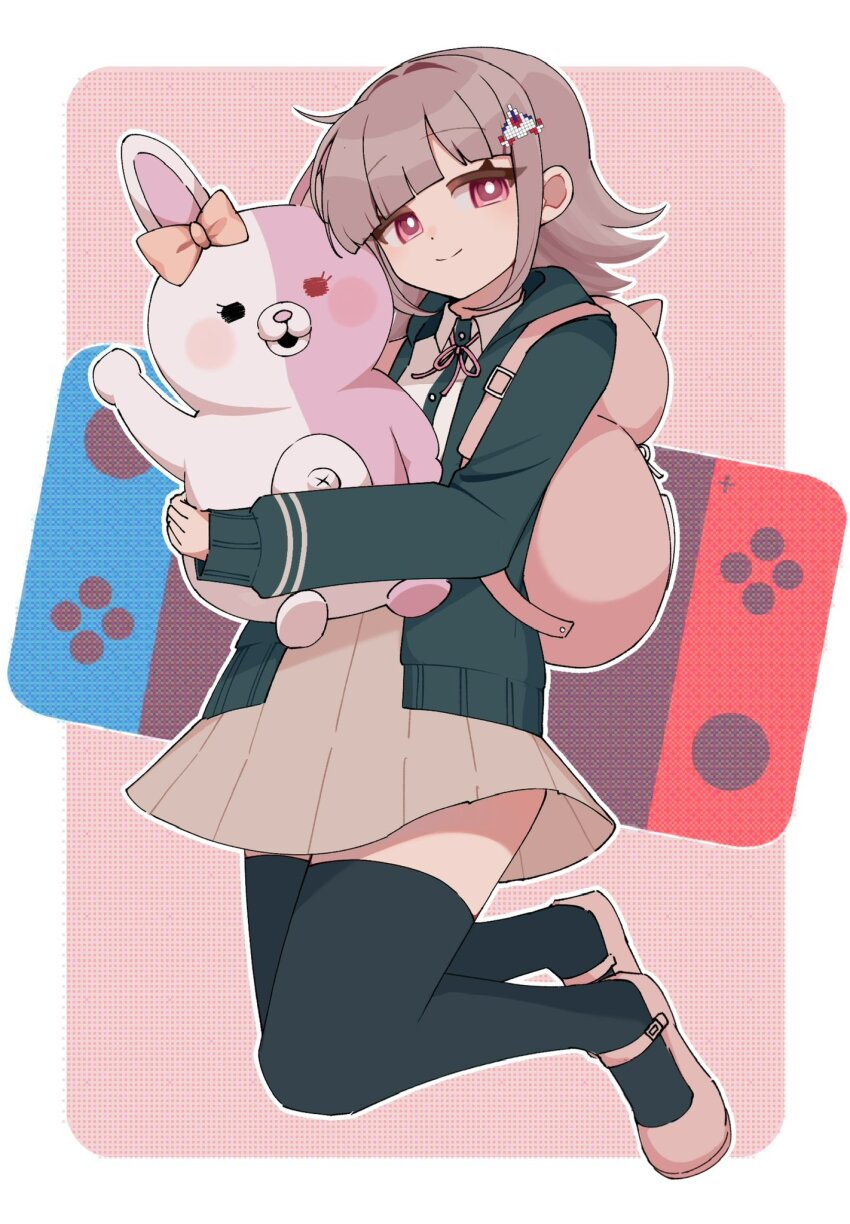1girl breasts brown_hair collared_shirt danganronpa_(series) danganronpa_2:_goodbye_despair flipped_hair galaga hair_ornament highres hood jacket long_sleeves looking_at_viewer medium_hair mi_shengwu_3.2_hao monomi_(danganronpa) nanami_chiaki neck_ribbon open_clothes open_jacket pink_eyes pink_ribbon pleated_skirt ribbon shirt skirt smile thighhighs white_shirt