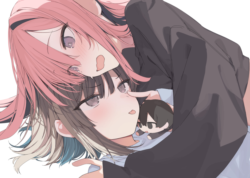 +_+ 2girls akanbe aqua_hair black_hoodie blush brown_hair character_doll closed_mouth colored_inner_hair commentary_request embarrassed eyelid_pull finger_to_eye girl_on_top hair_between_eyes hair_intakes highres hood hoodie index_finger_raised long_hair long_sleeves multicolored_hair multiple_girls okishiro_momoka_(shin_no_tenpii) open_mouth original pink_hair shin_no_tenpii shirt short_hair sidelocks tongue tongue_out wavy_mouth white_shirt yuri