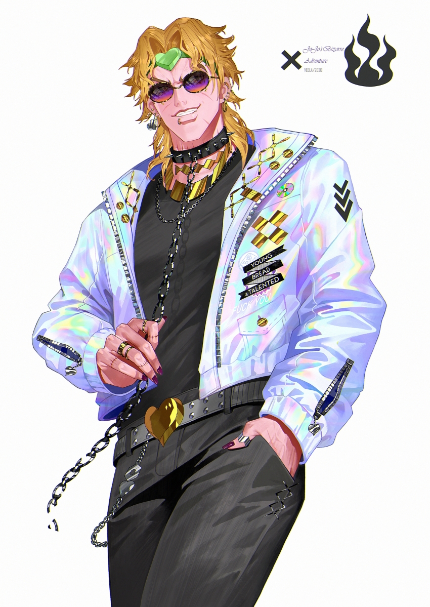 1boy absurdres artist_logo artist_name barbell_piercing belt black_belt black_pants black_shirt blonde_hair chain chain_necklace collar copyright_name cowboy_shot dated dio_brando ear_piercing earrings english_text engrish_text face_piercing glasses gold_collar gold_ring gradient-tinted_eyewear green_headband hand_in_pocket headband heart heart_earrings heart_ornament highres holding holding_leash holding_own_leash hoop_earrings industrial_piercing jacket jewelry jojo_no_kimyou_na_bouken leash lip_piercing lip_ring logo long_hair male_focus multiple_rings necklace open_clothes open_jacket pants piercing ranguage red_nails ring scar scar_on_face scar_on_neck shirt silver_ring solo spiked_collar spikes stitched_fingers stitched_neck stitches t-shirt tinted_eyewear veela white_background x zipper