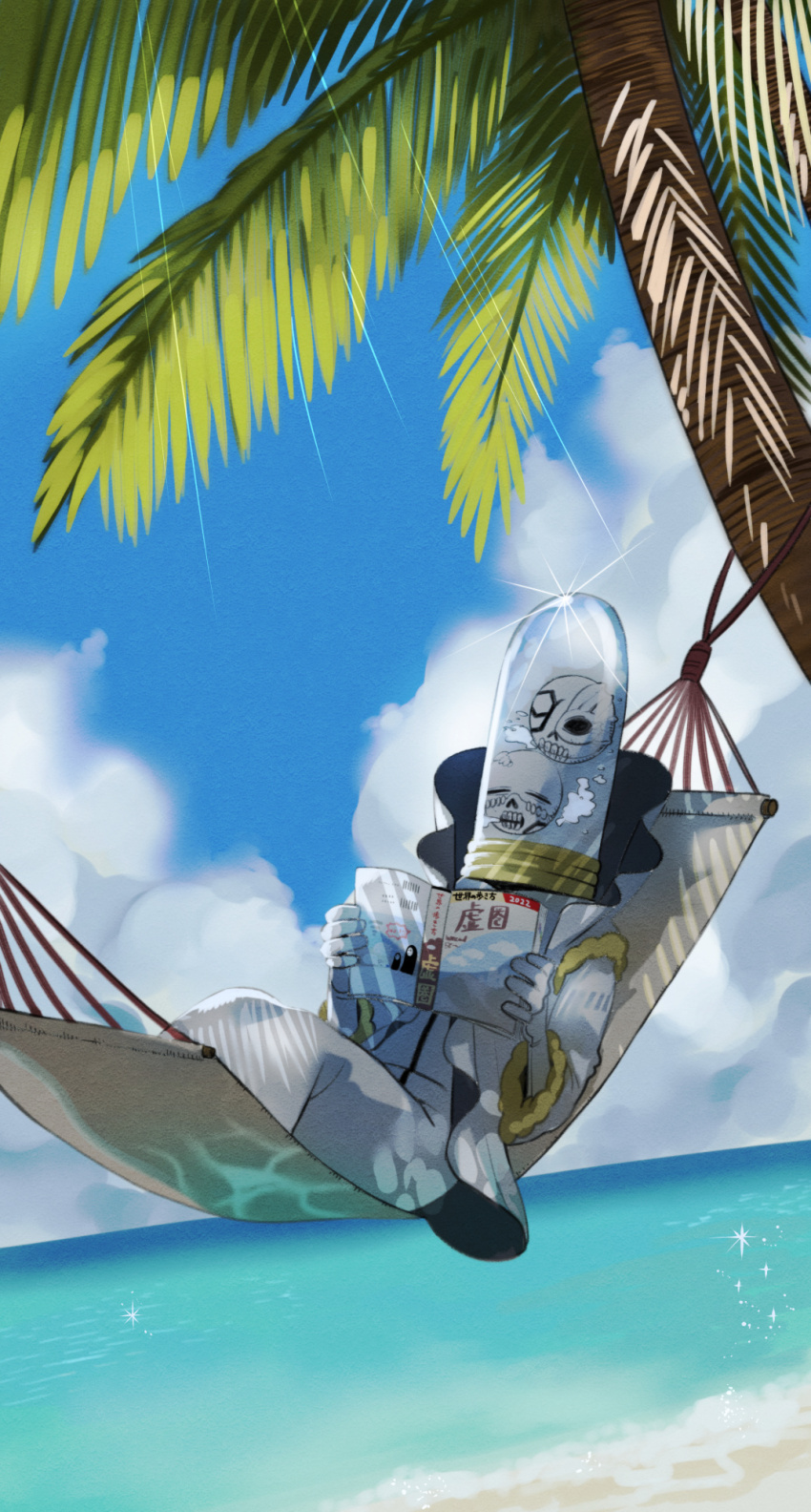1boy aaroniero_arruruerie arrancar beach bleach blue_sky book dappled_sunlight gloves hammock high_collar highres holding holding_book hollow_(bleach) jar male_focus monster_boy ocean on_hammock outdoors palm_tree reading sand sky solo sunlight teeth tree water white_gloves youda