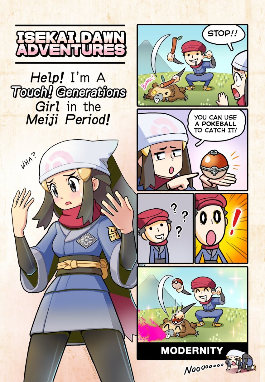 ! 1boy 1girl ? abuse akari_(pokemon) all_fours bidoof black_hair comic commentary crying day dress drooling english_commentary english_text gen_4_pokemon grey_eyes highres jonathan_kim long_hair nintendo outdoors pantyhose pokemon pokemon_legends:_arceus rei_(pokemon) short_hair smile speech_bubble surprised talking thermal_underwear