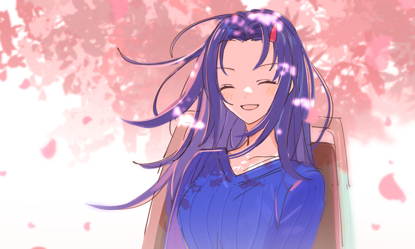 1girl bloom blue_sweater breasts cherry_blossoms chinese_commentary closed_eyes commentary_request facing_viewer falling_petals floating_hair hair_ornament hairclip large_breasts long_hair niimura_haruka open_mouth petals purple_hair ribbed_sweater sakuraihum shigatsu_youka simple_background smile solo sweater tree upper_body wheelchair white_background