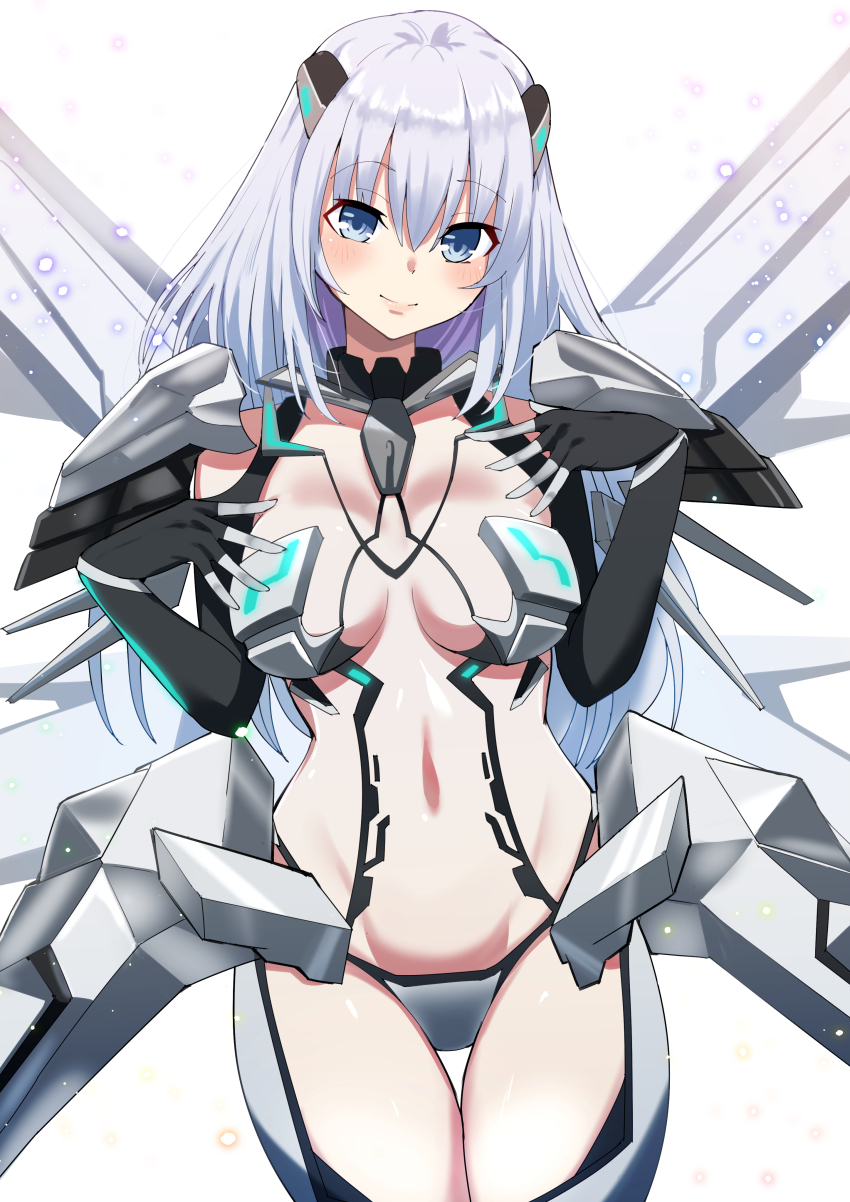 1girl absurdres black_gloves blue_eyes blush bodysuit breasts date_a_live gloves hair_ornament hairclip headset highres long_hair looking_at_viewer mechanical_wings medium_breasts navel revealing_clothes simple_background smile solo thighhighs tobiichi_origami white_background white_hair wings yamada_otonari