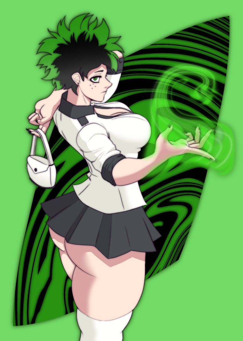 1girl ass black_hair boku_no_hero_academia breasts female_focus genderswap genderswap_(mtf) green_eyes hensket highres huge_ass looking_at_viewer midoriya_izuku multicolored_hair aged_up red_eyes small_breasts thighhighs