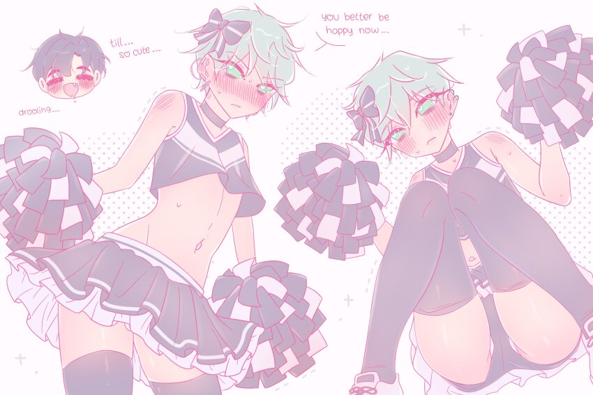 2boys =_= absurdres alien_stage black_choker black_hair black_shirt black_skirt black_thighhighs blush cheerleader choker closed_mouth crop_top drooling ear_piercing earrings english_text frilled_skirt frills green_eyes green_hair hands_up heart highres ivan_(alien_stage) jewelry looking_at_viewer multiple_boys multiple_views navel_piercing open_mouth piercing pink_shoes pom_pom_(cheerleading) rinrin_(wuvpyon) shirt shoes short_hair sitting skirt sleeveless sleeveless_shirt solo_focus speech_bubble thighhighs till_(alien_stage) yaoi