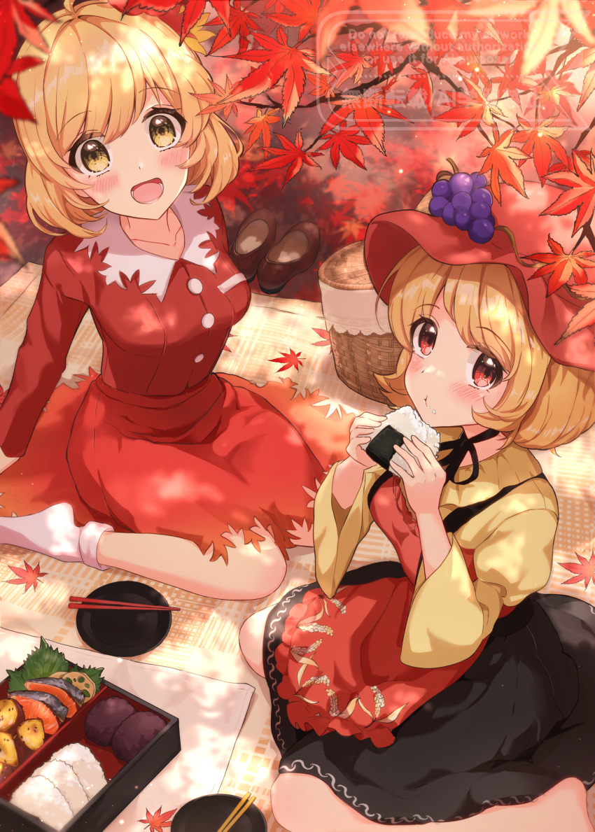 2girls :t absurdres aki_minoriko aki_shizuha apron autumn_leaves barefoot basket bento black_skirt blonde_hair blush breasts brown_footwear buttons chopsticks closed_mouth collarbone collared_shirt commentary_request eating falling_leaves fish_(food) food food_on_face food_request grape_hat_ornament hat highres holding holding_food leaf leaf_cutout long_sleeves looking_at_viewer maple_leaf medium_breasts mob_cap multiple_girls onigiri open_mouth orange_apron orange_hat orange_shirt orange_skirt picnic_basket picnic_blanket pocket red_eyes shirt shoes siblings sitting skirt skirt_set smile socks touhou unworn_shoes wariza watermark wheat_print wheat_retzel white_socks yellow_eyes yellow_shirt