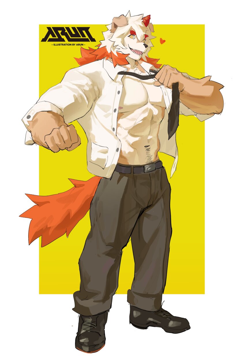1boy abs absurdres arknights artist_name bara black_necktie black_shoes chinese_commentary clenched_hands colored_tips commentary furry furry_male grey_pants heart highres horns hung_(arknights) komainu_boy komainu_ears komainu_tail male_focus multicolored_hair muscular muscular_male navel necktie nipples open_clothes open_mouth open_shirt pants pectorals run_(arun_six) shirt shoes single_horn smile undone_necktie white_shirt
