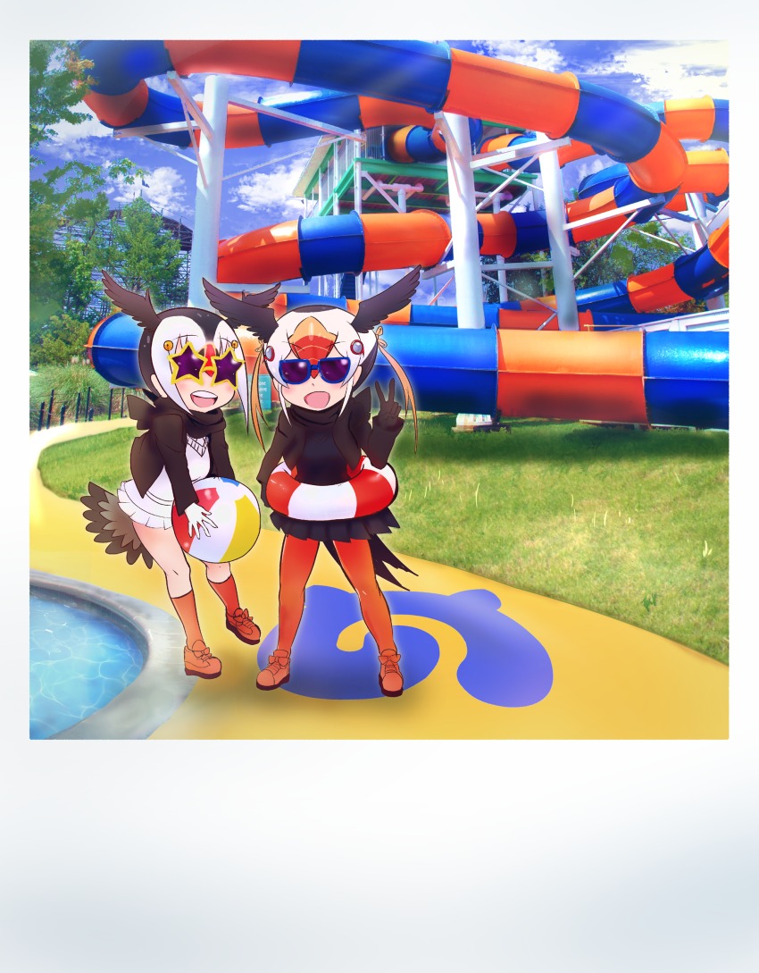 10s 2girls absurdres atlantic_puffin_(kemono_friends) ball beachball bird_tail bird_wings black_hair bow commentary fuji_takanasu head_wings highres innertube jacket japari_symbol kemono_friends kneehighs multicolored_hair multiple_girls open_mouth pantyhose photo_(object) pleated_skirt polaroid_photo pool red_footwear red_hair red_legwear scarf short_hair skirt socks star-shaped_eyewear star_(symbol) sunglasses sweater swim_ring tail third-party_edit tufted_puffin_(kemono_friends) v water_slide white_hair wings