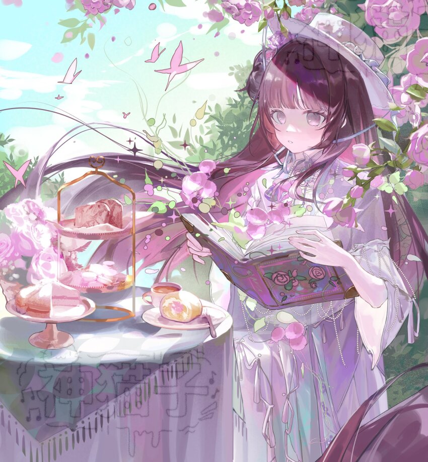 1girl bird blunt_bangs book bush cake character_request commission cup dress falling_leaves falling_petals flower food hair_flower hair_ornament hat highres holding holding_book leaf long_hair looking_down macaron parted_lips petals pink_bird pink_flower pink_rose purple_dress purple_eyes purple_hair reading rose sky solo sweets table tea teacup teeth tiered_tray white_hat wide_sleeves wusubamineko