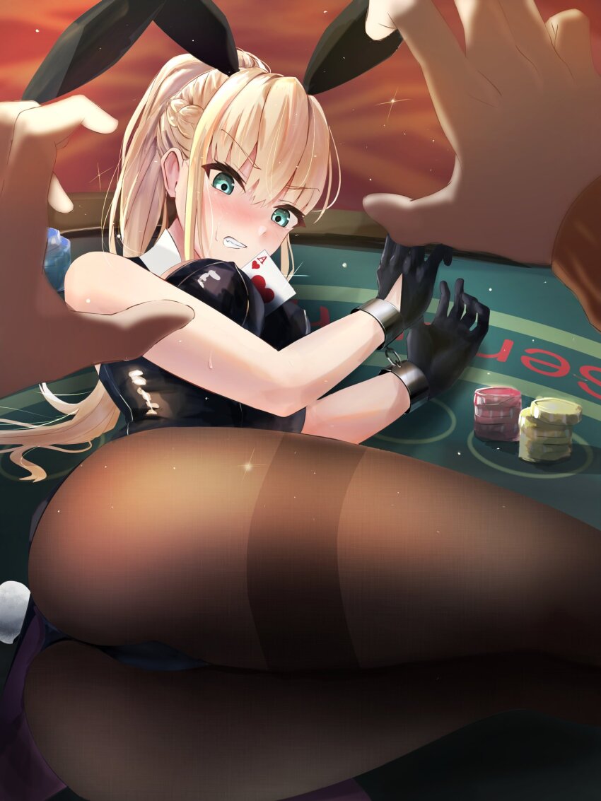 2girls animal_ears asakura_karen_(heaven_burns_red) ass between_breasts black_leotard black_pantyhose blonde_hair braid breasts casino casino_card_table cuffs fake_animal_ears fake_tail female_pov green_eyes half_up_braid handcuffs heaven_burns_red highres leotard long_hair multiple_girls pantyhose playboy_bunny poker poker_chip ponytail pov rabbit_ears rabbit_tail strapless strapless_leotard table tail terulion1192 toujou_tsukasa yuri