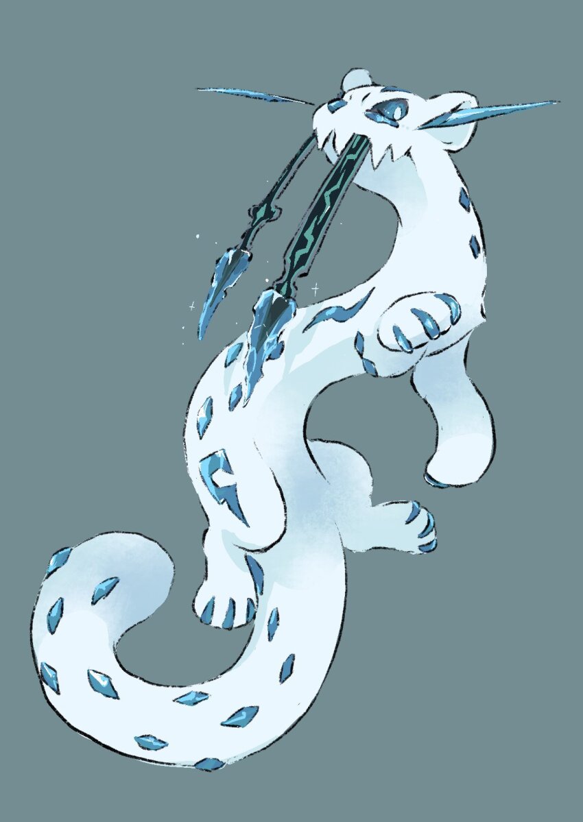 blue_background blue_gemstone blue_sclera chien-pao colored_sclera commentary_request full_body gem highres looking_to_the_side nintendo no_humans pokemon pokemon_(creature) sharp_teeth sideways_glance simple_background teeth toneko tusks