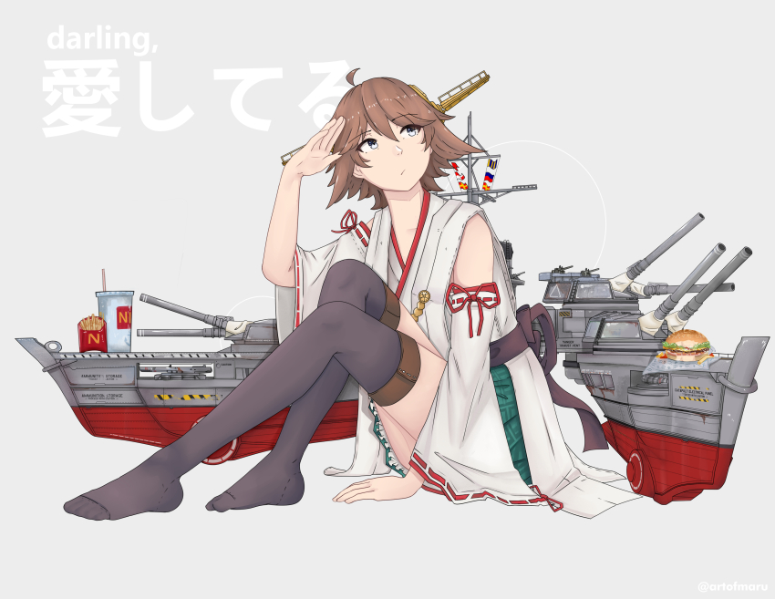 1girl absurdres anti-aircraft anti-aircraft_gun bananamaru bare_shoulders black_thighhighs brown_hair burger cannon cup detached_sleeves disposable_cup drinking_straw flipped_hair food french_fries frilled_skirt frills green_skirt grey_eyes headgear hiei_(kancolle) hiei_kai_ni_(kancolle) highres japanese_clothes kantai_collection knees_up legs mast no_shoes nontraditional_miko plaid_clothes plaid_skirt ribbon-trimmed_sleeves ribbon_trim rigging ship_turret short_hair signal_flag sitting skirt smokestack solo thighhighs