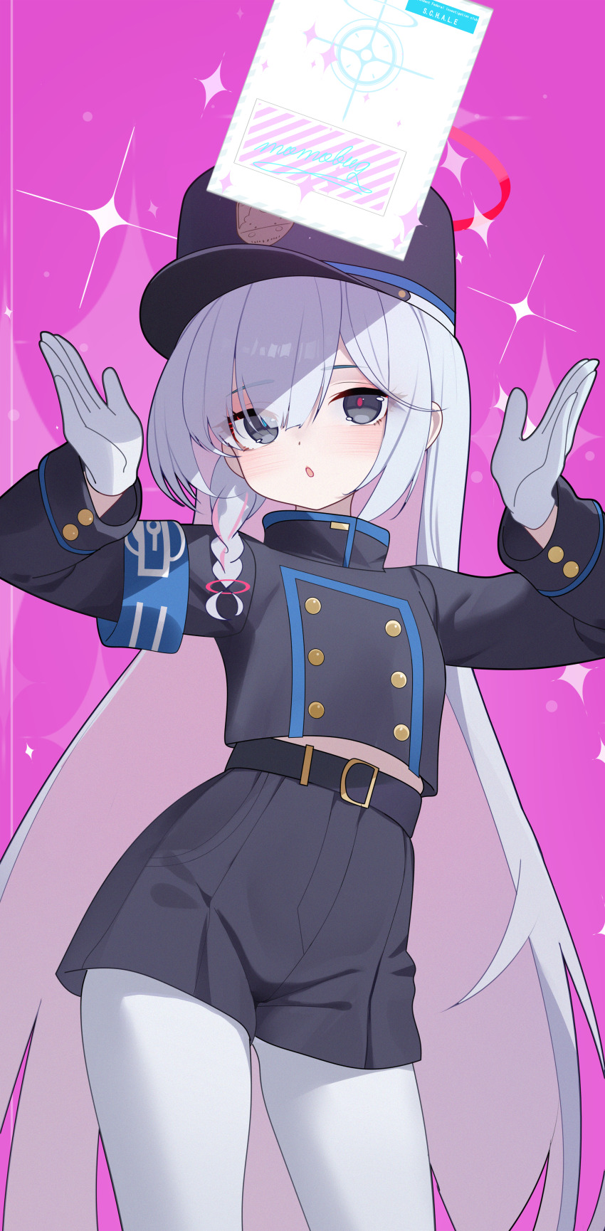 1girl absurdres belt black_eyes black_hat black_jacket black_shorts blue_archive blue_pupils braid colored_inner_hair cosplay cowboy_shot cropped_jacket gloves grey_hair halo hat highres jacket long_hair long_sleeves midriff mismatched_pupils momobug22 multicolored_hair nozomi_(blue_archive) nozomi_(blue_archive)_(cosplay) open_mouth pantyhose pantyhose_under_shorts peaked_cap pink_background pink_hair plana_(blue_archive) red_halo red_pupils shako_cap short_shorts shorts side_braid simple_background single_braid solo two-tone_hair very_long_hair white_gloves white_pantyhose