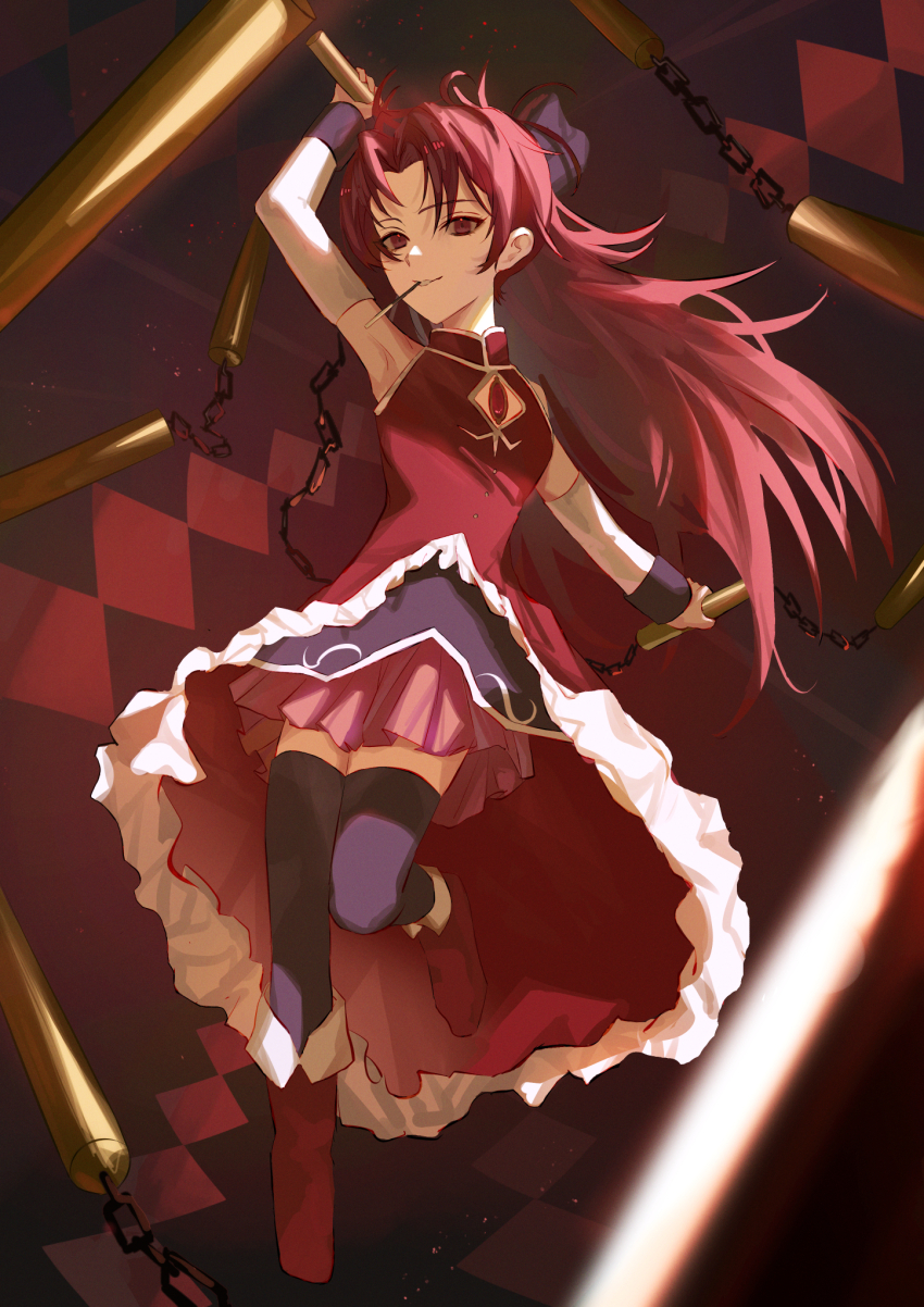 1girl arm_up aster_(teslavision) bare_shoulders black_thighhighs boots commentary detached_sleeves dress food food_in_mouth frilled_dress frills full_body high-low_dress highres holding holding_weapon long_hair looking_at_viewer magical_girl mahou_shoujo_madoka_magica mahou_shoujo_madoka_magica_(anime) pink_skirt pleated_skirt pocky pocky_in_mouth ponytail red_boots red_eyes red_hair sakura_kyoko sakura_kyoko_(magical_girl) skirt solo soul_gem thighhighs weapon