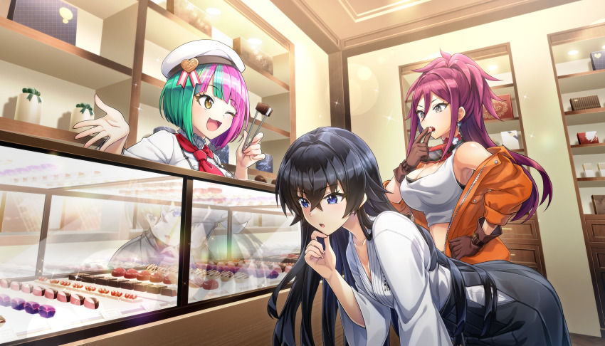 3girls armpits black_hair blue_eyes breasts chocolate cleavage crop_top dolphin_wave dougi earrings food game_cg gloves green_hair grey_eyes hagane_otsuki hand_on_own_chin hand_on_own_hip helly_lewis highres jacket jewelry kurenashi_yuuri large_breasts long_hair midriff multicolored_hair multiple_girls non-web_source off_shoulder official_art one_eye_closed ootomo_takuji open_clothes open_jacket open_mouth ponytail purple_hair sharp_teeth shirt shop short_hair t-shirt teeth tongs two-tone_hair yellow_eyes