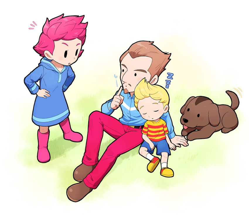1girl 2boys blonde_hair blue_shorts boney brown_hair dog duster_(mother) facial_hair highres hood hoodie hoshi_(star-name2000) kumatora lucas_(mother_3) mother_(series) mother_3 multiple_boys nintendo pink_hair shirt short_hair short_sleeves shorts striped_clothes striped_shirt