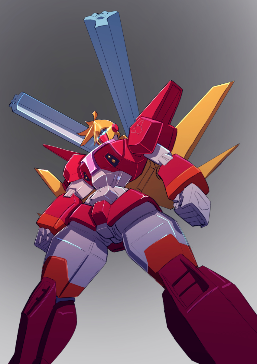 blue_eyes clenched_hands commentary cosmikaizer english_commentary glowing glowing_eyes grey_background highres mecha mechanization no_humans panty_&amp;_stocking_with_garterbelt panty_(psg) robot science_fiction shoulder_cannon solo