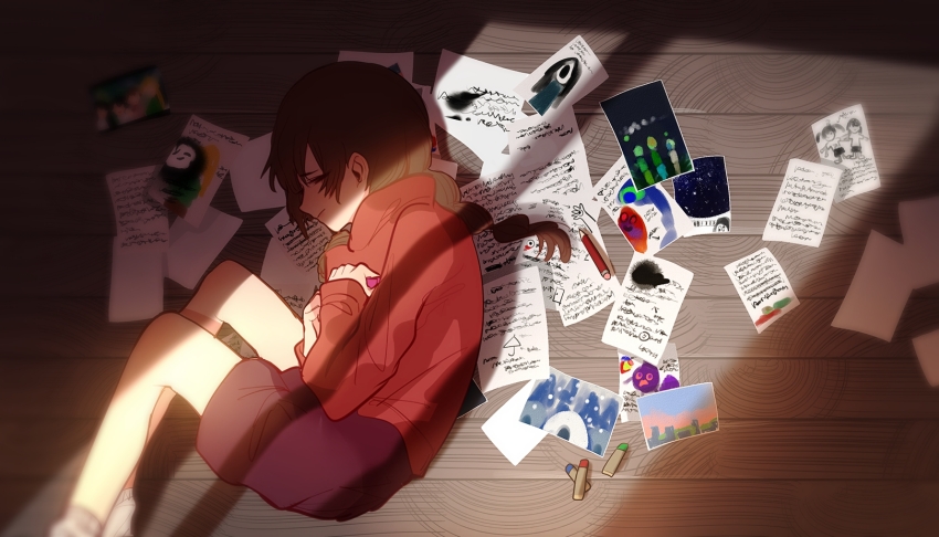 1girl character_request closed_mouth clutching_chest crack_of_light crayon drawing_(object) feet_out_of_frame fetal_position from_above frown highres holding kasei-san kyukkyu-kun long_sleeves lying madotsuki maussan_bros_(yume_nikki) medamaude monoe monoko on_floor on_side pencil photo_(object) poniko profile purple_skirt red_sweater sekomumasada_sensei skirt solo sweater turtleneck turtleneck_sweater uboa window_shadow wooden_floor xgshjsgha yume_nikki