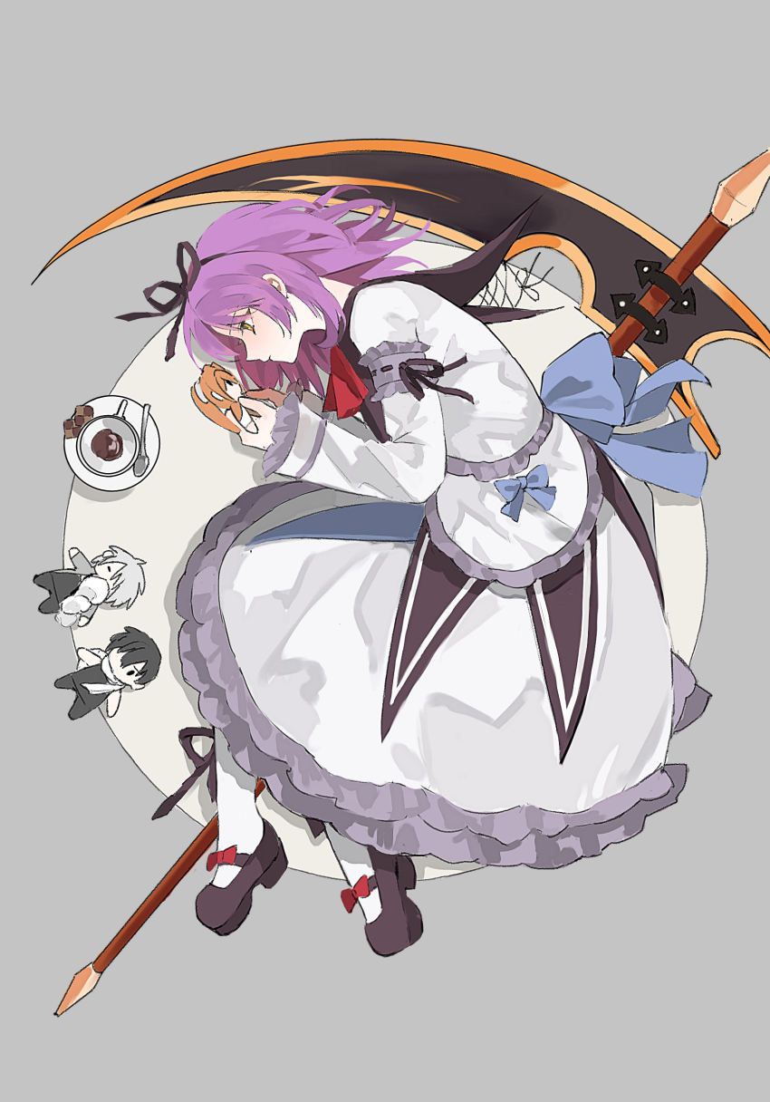 1girl asprosgy bob_cut bow cup doll dress eiyuu_densetsu estelle_bright footwear_bow full_body hair_bow hair_ribbon hashtag-only_commentary highres holding holding_doll huge_weapon joshua_bright leaning_on_weapon leonhardt_(eiyuu_densetsu) lying mary_janes neckerchief on_side on_weapon purple_hair red_bow red_neckerchief renne_(eiyuu_densetsu) ribbon saucer scythe shoes short_hair socks solo sora_no_kiseki spoon teacup weapon white_socks