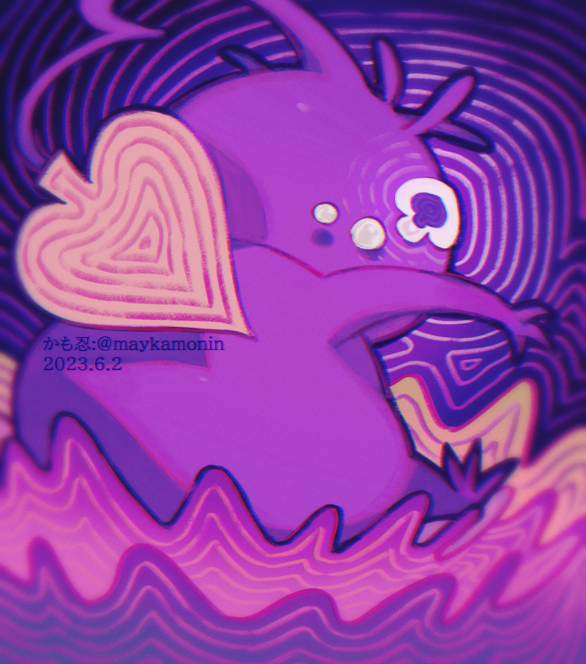 artist_name black_eyes colored_skin commentary creature creature_focus crying crying_with_eyes_open dated from_behind heart highres maykamonin nintendo no_humans pikmin_(creature) pikmin_(series) purple_background purple_hair purple_pikmin purple_skin purple_theme shockwave short_hair sitting solo spade_(shape) symbol-only_commentary teardrop tears very_short_hair watermark