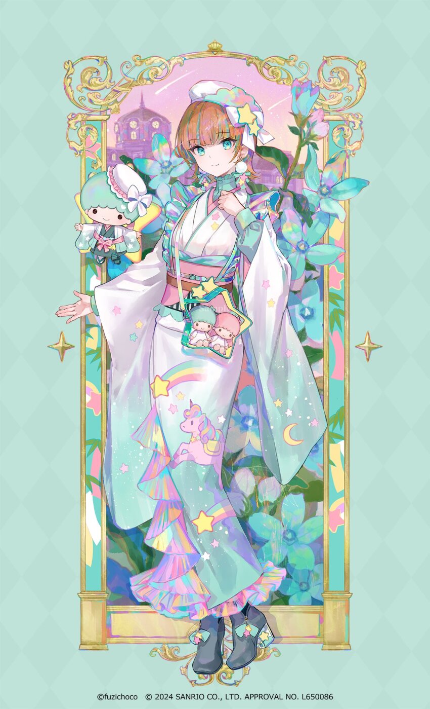 1girl 2024 aqua_eyes aqua_hair artist_name black_footwear bow brown_hair closed_mouth fuzichoco hair_bow hand_up hat highres japanese_clothes kiki_(little_twin_stars) lala_(little_twin_stars) little_twin_stars long_sleeves looking_at_viewer multicolored_clothes multicolored_hair sanrio short_hair smile solo standing streaked_hair white_bow white_hat wide_sleeves
