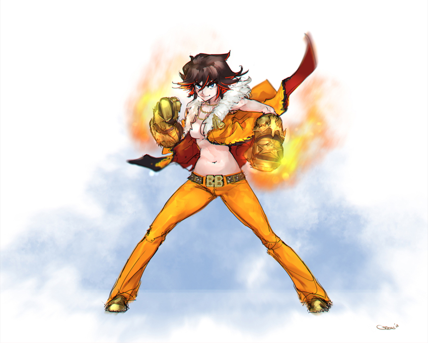 10s 1girl belt belt_buckle black_baron black_hair blacker_baron blacker_baron_(cosplay) blue_eyes boxing_gloves breasts buckle chain cosplay darren_geers female_focus fur_trim fusion gold_chain highres jacket kill_la_kill madworld matoi_ryuuko max_anarchy multicolored_hair navel no_bra open_clothes open_jacket orange_shirt pants red_hair shirt short_hair solo studded_belt two-tone_hair