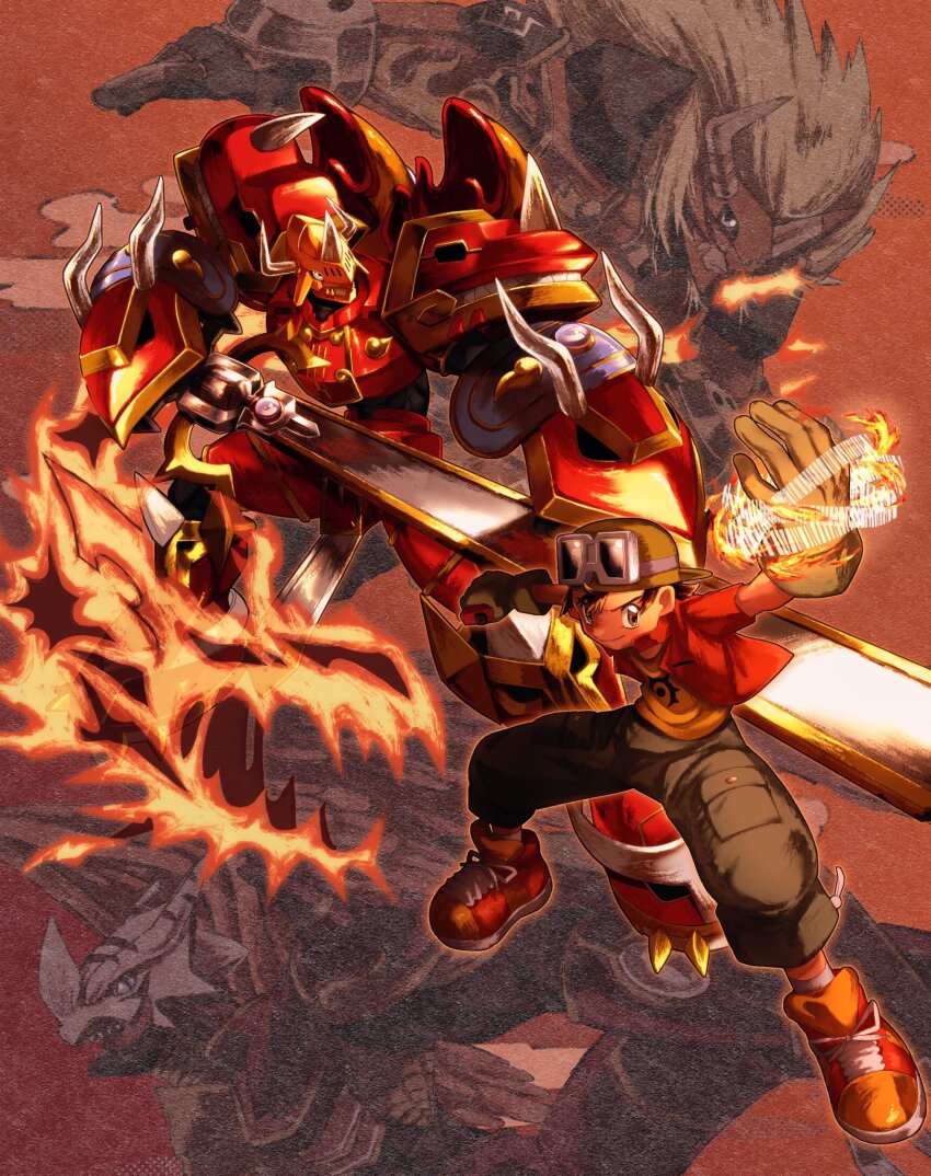 4boys agnimon armor blonde_hair brown_eyes brown_gloves brown_hair brown_pants digimon digimon_(creature) digimon_frontier dragon evolutionary_line feathered_wings gloves goggles goggles_on_headwear helmet henshin_pose highres holding holding_sword holding_weapon horns jacket kaisergreymon kanbara_takuya long_hair male_focus multiple_boys open_clothes open_jacket orange_helmet pants print_shirt red_armor red_jacket red_theme sharp_teeth shirt short_hair shoulder_armor spikes sword takeda_conomi teeth vritramon weapon wings yellow_shirt