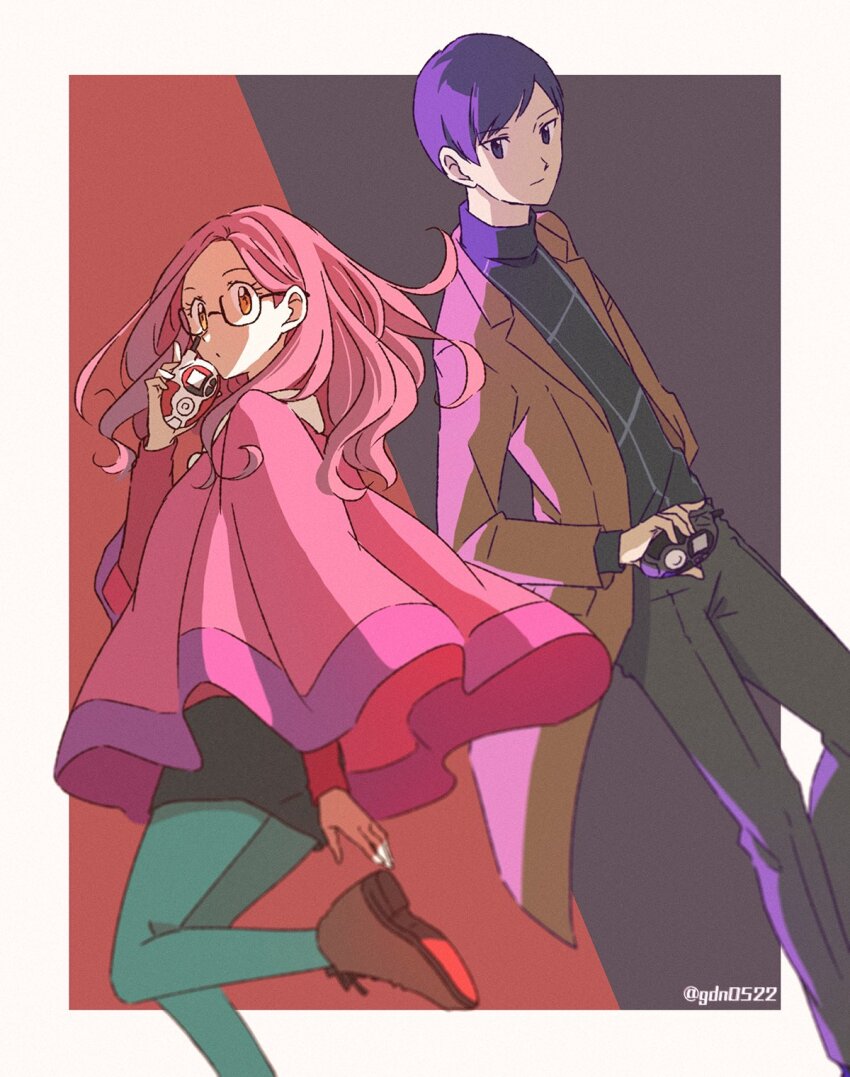 1boy 1girl black_pants black_sweater blue_pants border brown_eyes brown_jacket cape digimon digimon_adventure_02 digivice floating_hair gdn0522 highres holding ichijouji_ken inoue_miyako jacket long_hair long_sleeves open_clothes open_jacket outside_border pants pink_cape pink_hair purple_eyes purple_hair red_shirt shirt short_hair standing standing_on_one_leg straight_hair sweater turtleneck turtleneck_sweater twitter_username white_border