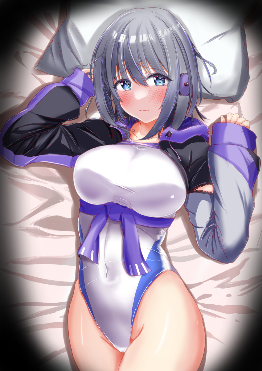 absurdres blue_eyes charomi commission competition_swimsuit cowboy_shot cropped_jacket grey_hair highleg highleg_one-piece_swimsuit highres jacket looking_at_viewer lying multicolored_jacket on_back one-piece_swimsuit pillow short_hair skeb_commission station_memories sunadabashi_akira swimsuit white_one-piece_swimsuit