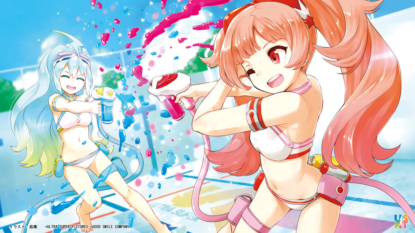 2girls :d ;d ^_^ ahoge aqua_hair artist_name bare_shoulders barefoot bikini breasts closed_eyes company_name day empty_pool end_card gradient_hair highres holster long_hair multicolored_hair multiple_girls nagian navel one_eye_closed open_mouth paintball pool red_eyes red_hair small_breasts smile sumako_(ultra_super_anime_time) supika_(ultra_super_anime_time) swimsuit thigh_holster thigh_strap ultra_super_anime_time water_gun