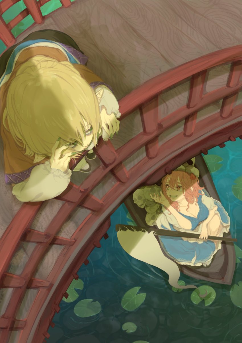 2girls arm_warmers blade blonde_hair blue_dress blue_kimono boat braid breasts bridge collarbone dress fingernails french_braid frilled_sleeves frills grin hair_between_eyes hair_bobbles hair_ornament hashihime highres holding holding_weapon japanese_clothes kimono lily_pad long_fingernails looking_down looking_up mary_janes mizuhashi_parsee multicolored_clothes multiple_girls onozuka_komachi pointy_ears red_hair scythe shoes short_sleeves skull smile touhou watercraft weapon yamazaki_tsukune