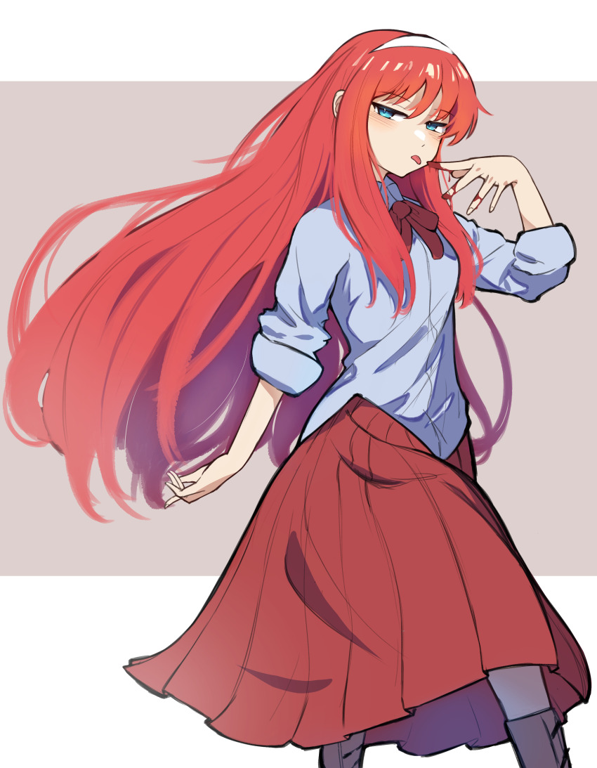 1girl absurdres blue_eyes blue_shirt commentary english_commentary floating_hair hairband highres long_hair looking_at_viewer neck_ribbon red_hair red_ribbon red_skirt ribbon shirt skirt sleeves_rolled_up solo tohno_akiha tongue tongue_out toono_akiha tsukihime vermillion_akiha vinsycal white_hairband