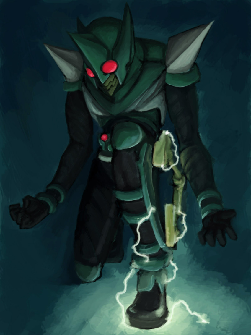 electricity green_theme highres kamen_rider kamen_rider_kabuto_(series) kamen_rider_kick_hopper male_focus solo teku_(pixiv333451) teku_(the3dempire)