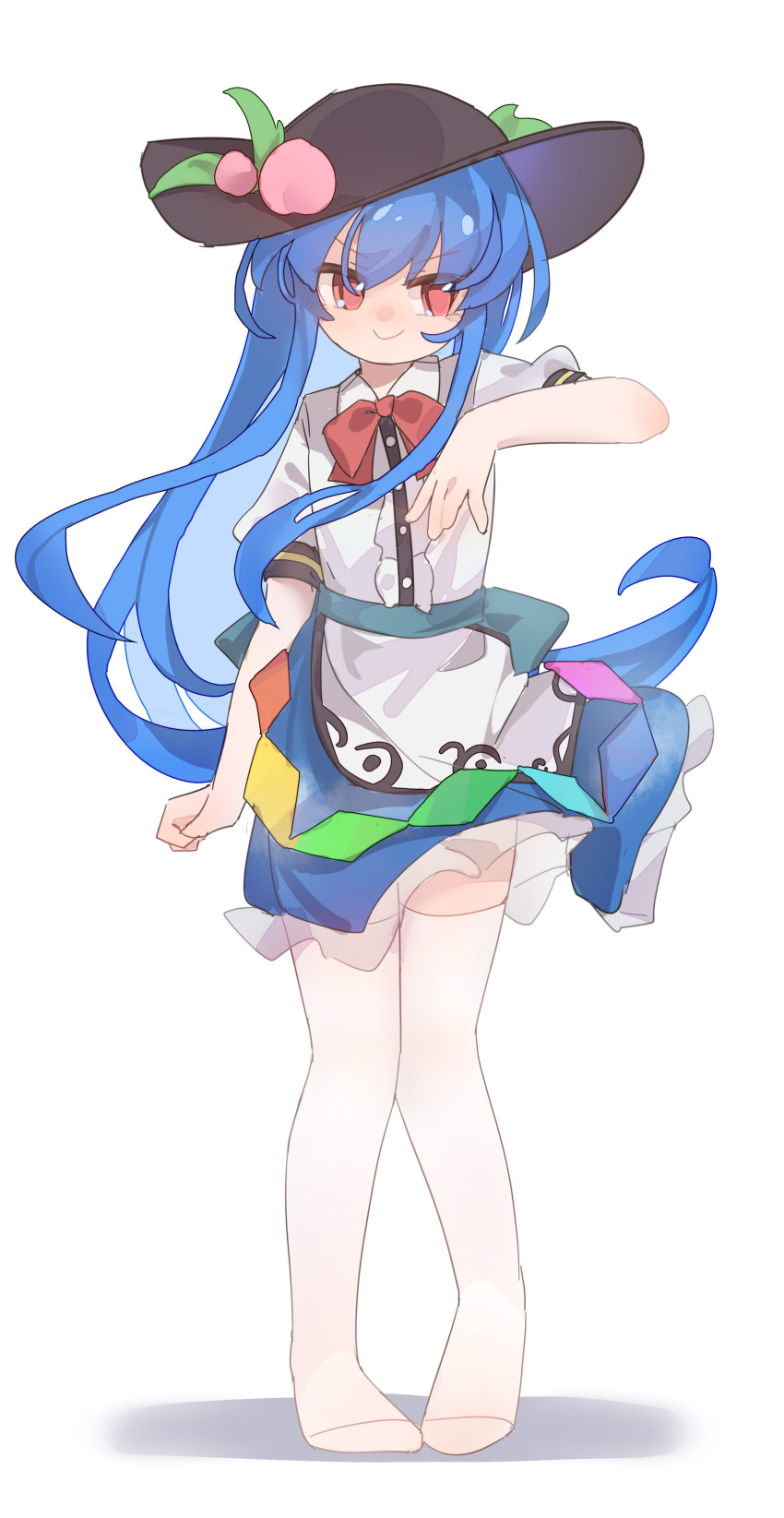 1girl absurdres apron black_hat blue_hair blue_skirt bow bowtie buttons center_frills closed_mouth collared_shirt food frilled_skirt frills fruit full_body gumingdi_ban hat hat_ornament highres hinanawi_tenshi leaf leaf_hat_ornament long_hair looking_at_viewer no_shoes peach peach_hat_ornament puffy_short_sleeves puffy_sleeves rainbow_gradient red_bow red_bowtie red_eyes shirt short_sleeves sidelocks simple_background skirt smile solo standing thighhighs touhou very_long_hair waist_apron white_apron white_background white_shirt white_thighhighs