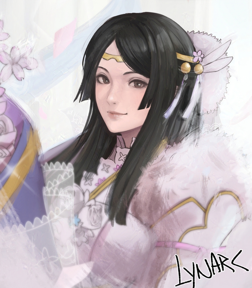 1girl artist_name black_hair bouquet brown_eyes dress fire_emblem fire_emblem_awakening fire_emblem_heroes flower fur_trim gold_trim highres holding holding_bouquet long_hair looking_at_viewer lynarc nintendo official_alternate_costume say&#039;ri_(bridal)_(fire_emblem) say&#039;ri_(fire_emblem) smile solo tiara upper_body wedding wedding_dress white_dress