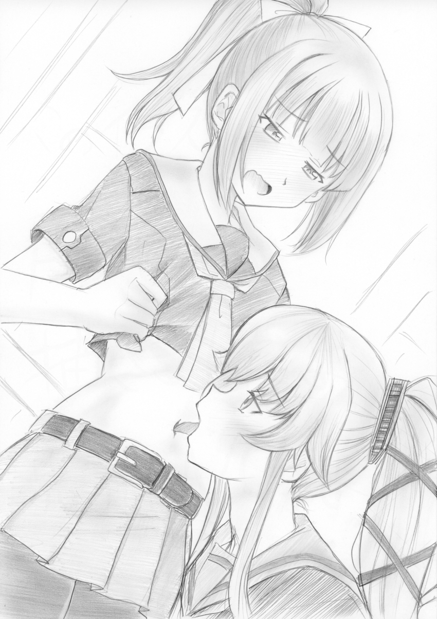 2girls belt belt_buckle blush buckle commentary_request crop_top cropped_shirt fd_(fd_sanmaru) full-face_blush graphite_(medium) greyscale highres kantai_collection licking licking_navel long_hair looking_at_another medium_hair miniskirt monochrome multiple_girls navel neckerchief open_mouth pleated_skirt ponytail raised_inner_eyebrows sailor_collar short_sleeves sidelocks skirt stomach tongue tongue_out traditional_media wavy_mouth yura_(kancolle) yuri yuubari_(kancolle)