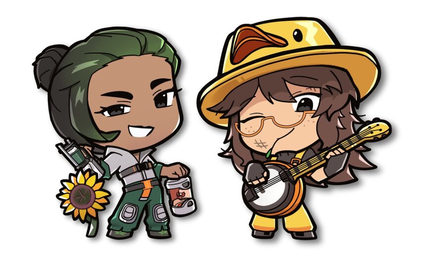 2girls :d ;) animal_hat bass_guitar belt biologist_(tower_defense_simulator) black_belt black_eyes black_gloves black_hair black_shoes black_sweater brown_hair bucket_hat canister chibi chibi_only closed_mouth collared_jacket commentary dark-skinned_female dark_skin dj_booth_(ducky)_(tower_defense_simulator) dj_booth_(tower_defense_simulator) drop_shadow duck_hat english_commentary fewer_digits fingerless_gloves flower freckles full_body gloves gradient_hair green_hair green_pants grey_jacket grin hair_between_eyes hair_bun hair_slicked_back hat highres holding holding_bass_guitar holding_instrument instrument jacket knee_pads leaf long_hair mouth_hold multicolored_hair multiple_girls official_alternate_costume one_eye_closed open_mouth overalls pants roblox ryoko6318 shoes short-sleeved_sweater short_hair short_sleeves side-by-side simple_background single_hair_bun smile standing sunflower sweater three-quarter_sleeves tower_defense_simulator_(roblox) turtleneck turtleneck_sweater two-tone_hair uneven_eyes white_background yellow_hat yellow_overalls