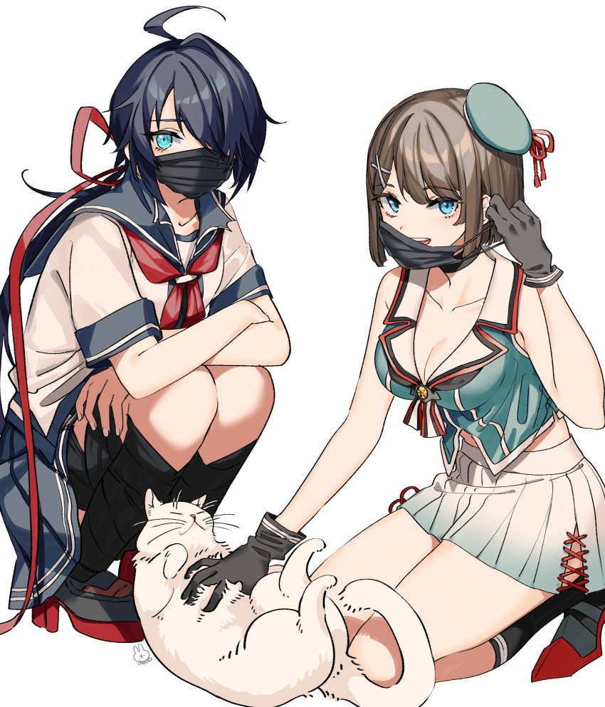 2girls absurdres ahoge aqua_headwear arms_on_knees black_gloves black_hair black_mask black_socks blue_eyes blue_sailor_collar blue_skirt breasts brown_hair cat cleavage collarbone crop_top deco_(geigeki_honey) gloves hair_ornament hair_over_one_eye hair_ribbon highres kako_(kancolle) kako_kai_ni_(kancolle) kantai_collection kneehighs long_hair looking_at_viewer low_ponytail mask maya_(kancolle) maya_kai_ni_(kancolle) medium_breasts midriff mouth_mask multiple_girls neckerchief petting ponytail red_neckerchief red_ribbon removing_mask ribbon rudder_footwear sailor_collar school_uniform serafuku shirt short_hair skirt sleeveless socks squatting surgical_mask white_background white_shirt white_skirt x_hair_ornament